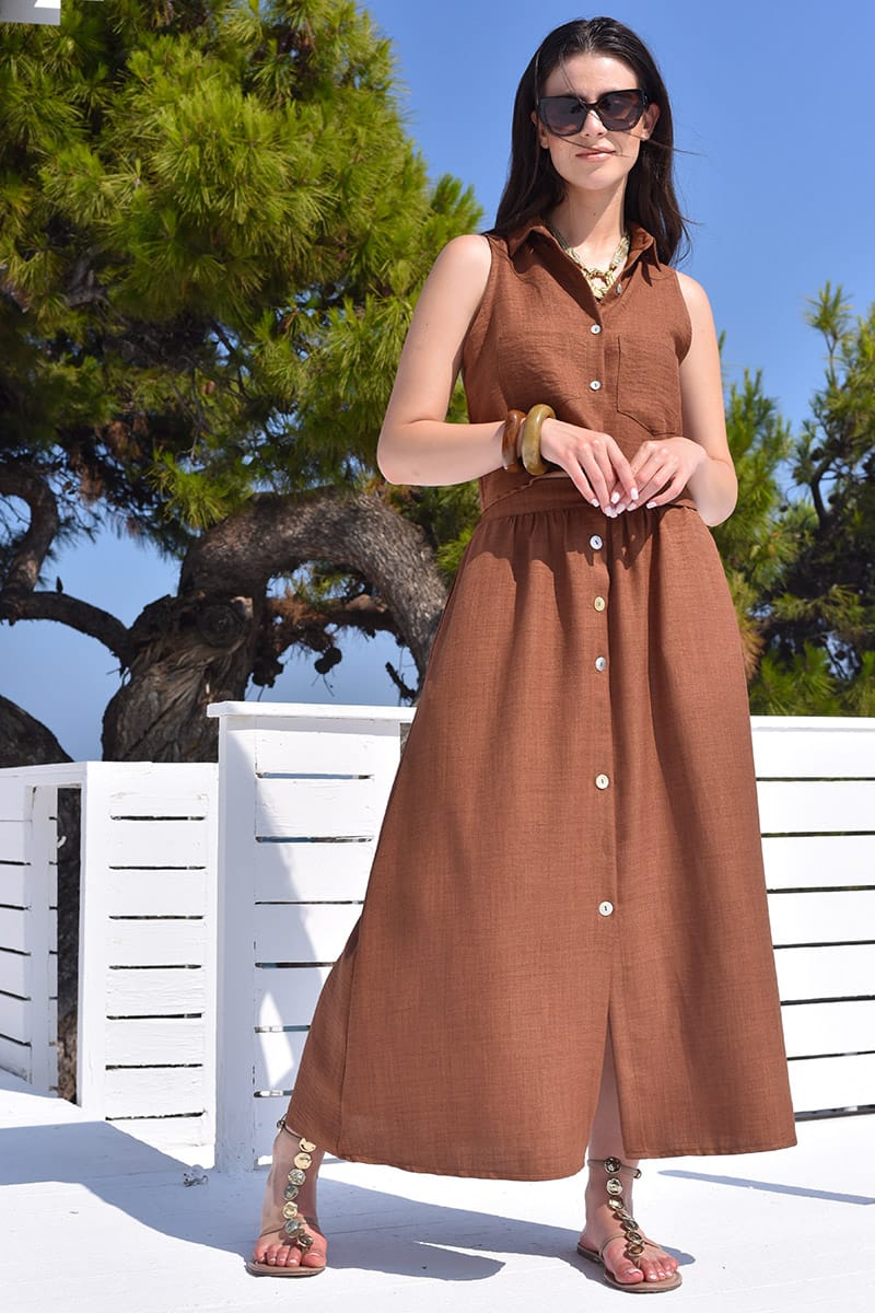 Φούστα λινή με λάστιχο και κλείσιμο με κουμπιά εμπρός