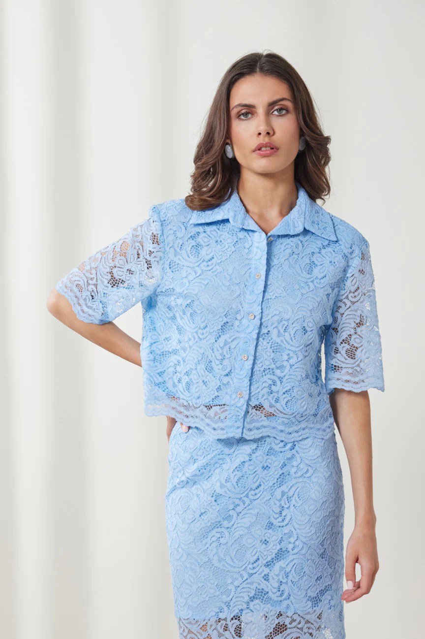 Πουκάμισο Δαντέλα Κοντομάνικο με Κουμπιά Στρας & Φόδρα