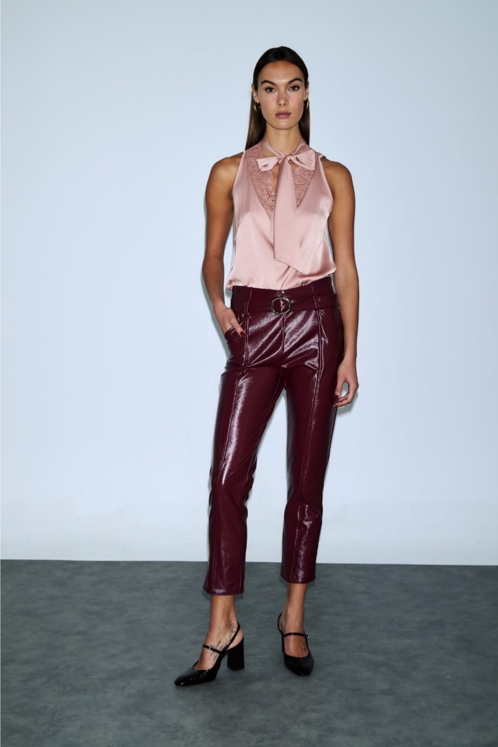 Ψηλόμεσο Παντελόνι Γυαλιστερή Δερματίνη Μπορντώ