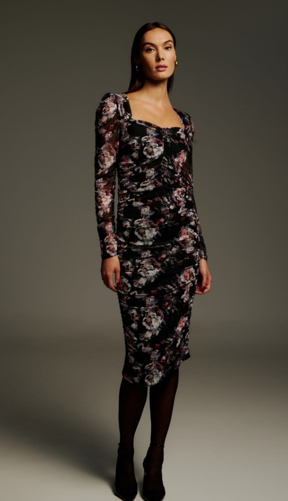 Φόρεμα Μίντι Floral Με Σούρες & Διαφάνεια Στα Μανίκια