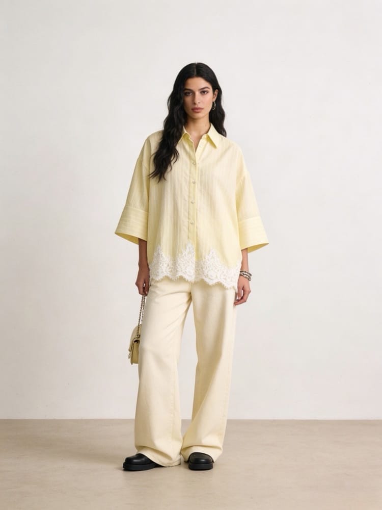 Πουκάμισο Ριγέ Με Δαντέλα Στο Τελείωμα Και Κοντό Μανίκι