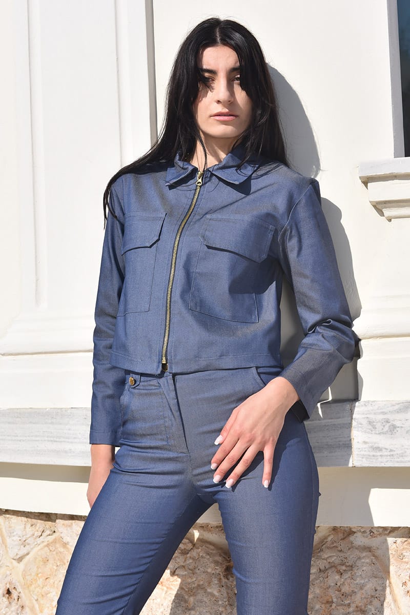 Τζάκετ Τζιν Κοντό Με Φερμουάρ Και Τσέπες