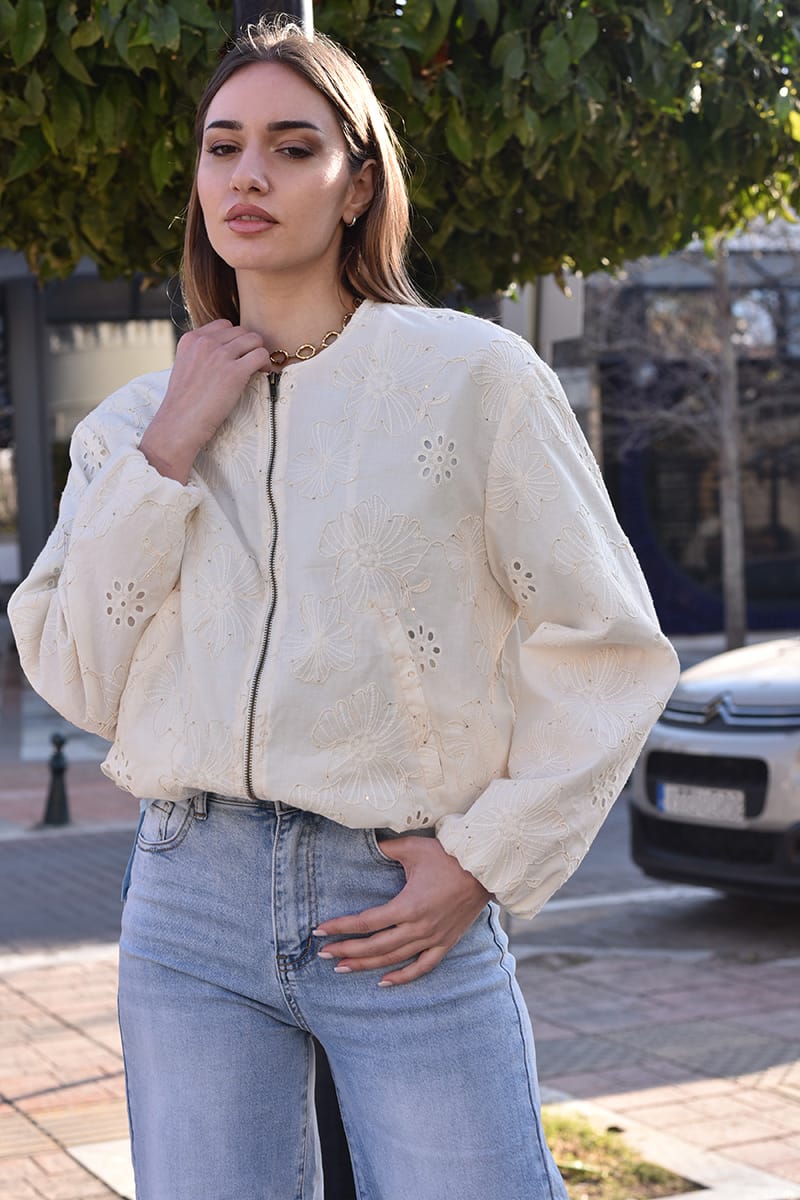 Εκρού Μπουφάν με Κέντημα και Φερμουάρ