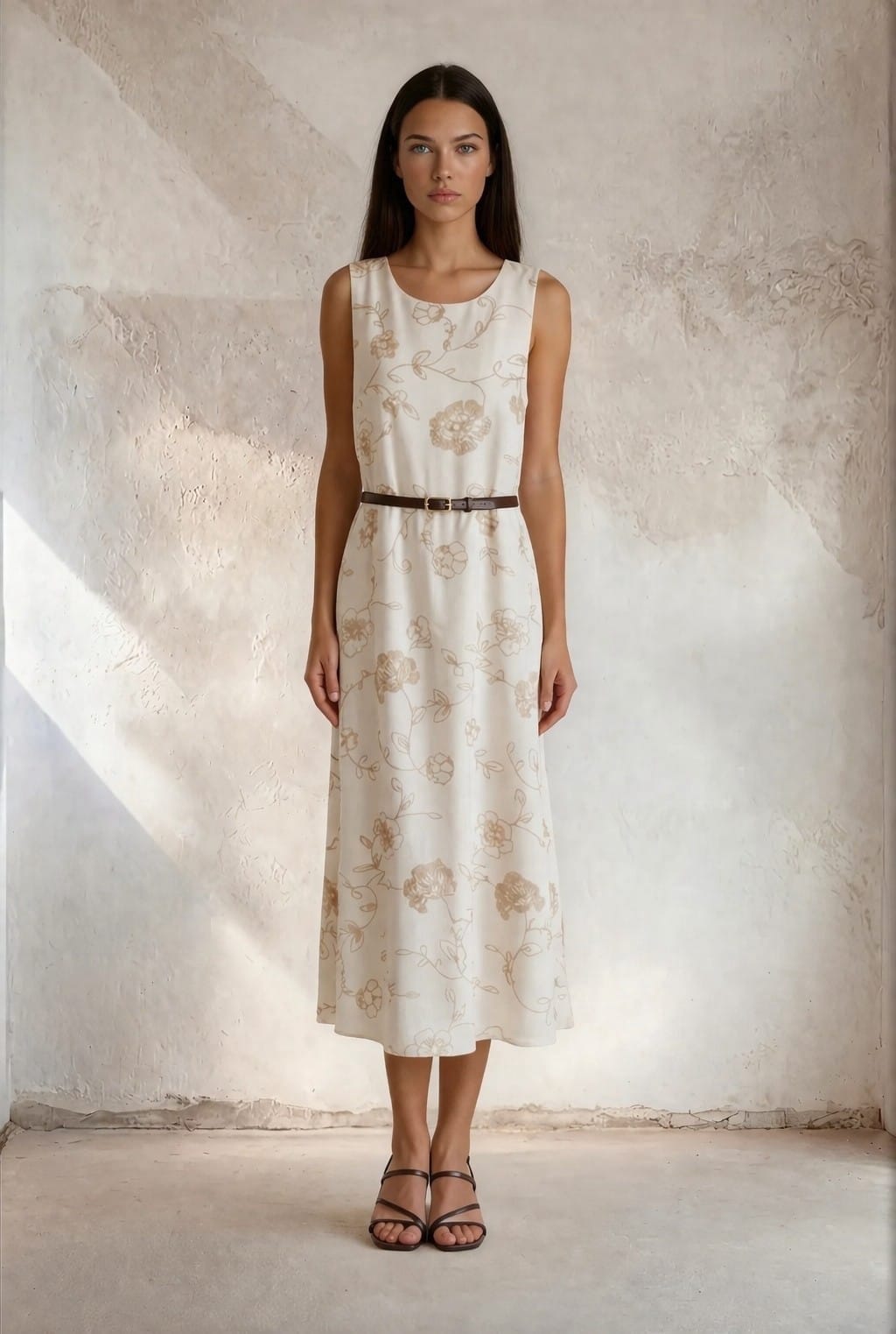 Φόρεμα Midi Φλοράλ Αμάνικο Με Ζώνη
