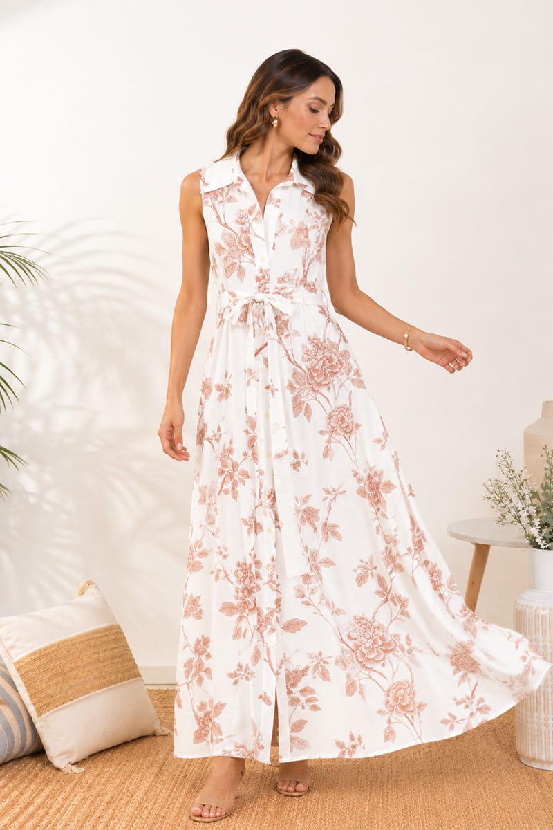 Μάξι Φόρεμα Πουκαμίσα Floral με Ζώνη