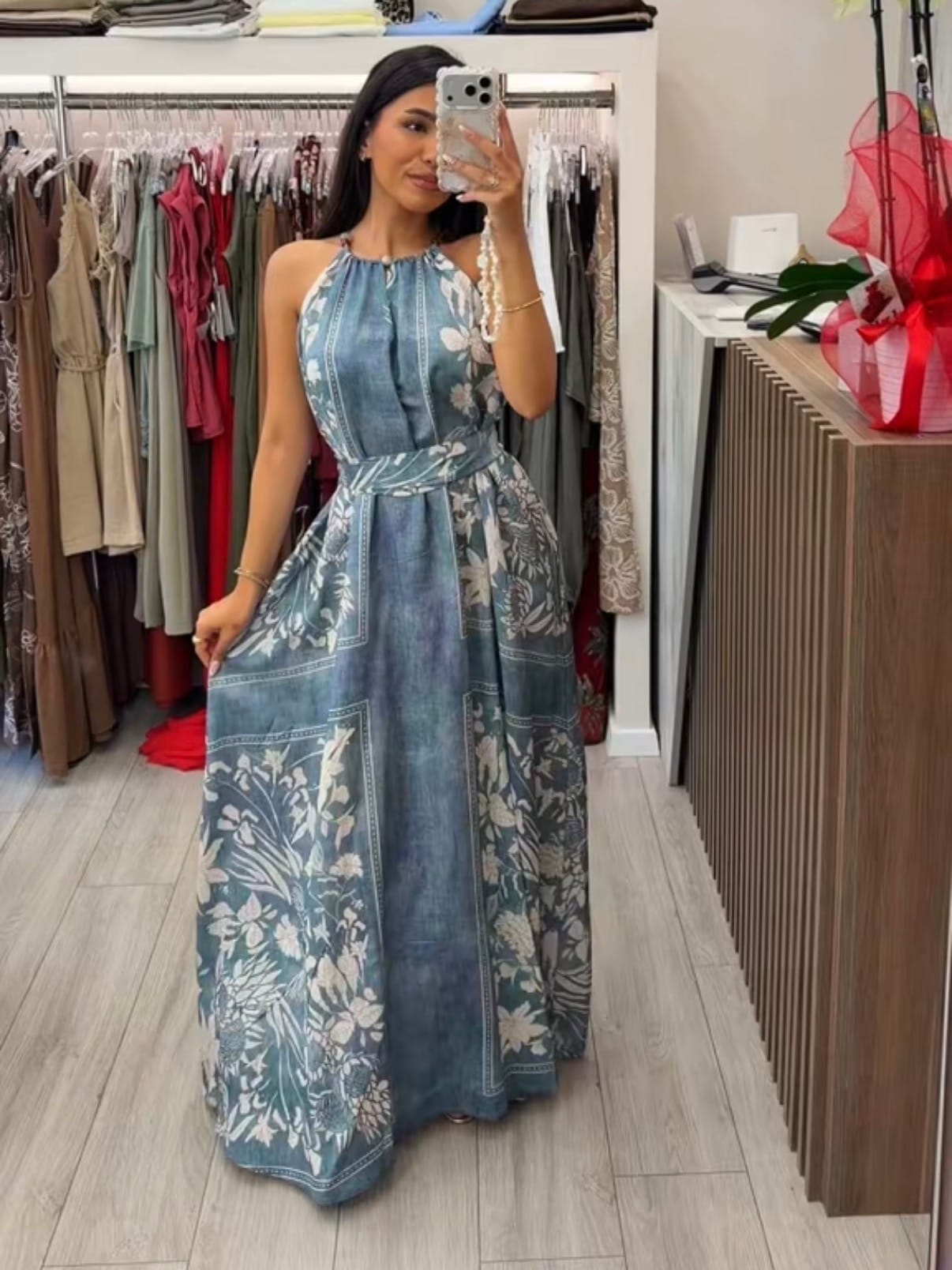 Maxi Floral Φόρεμα με Δέσιμο στη Μέση