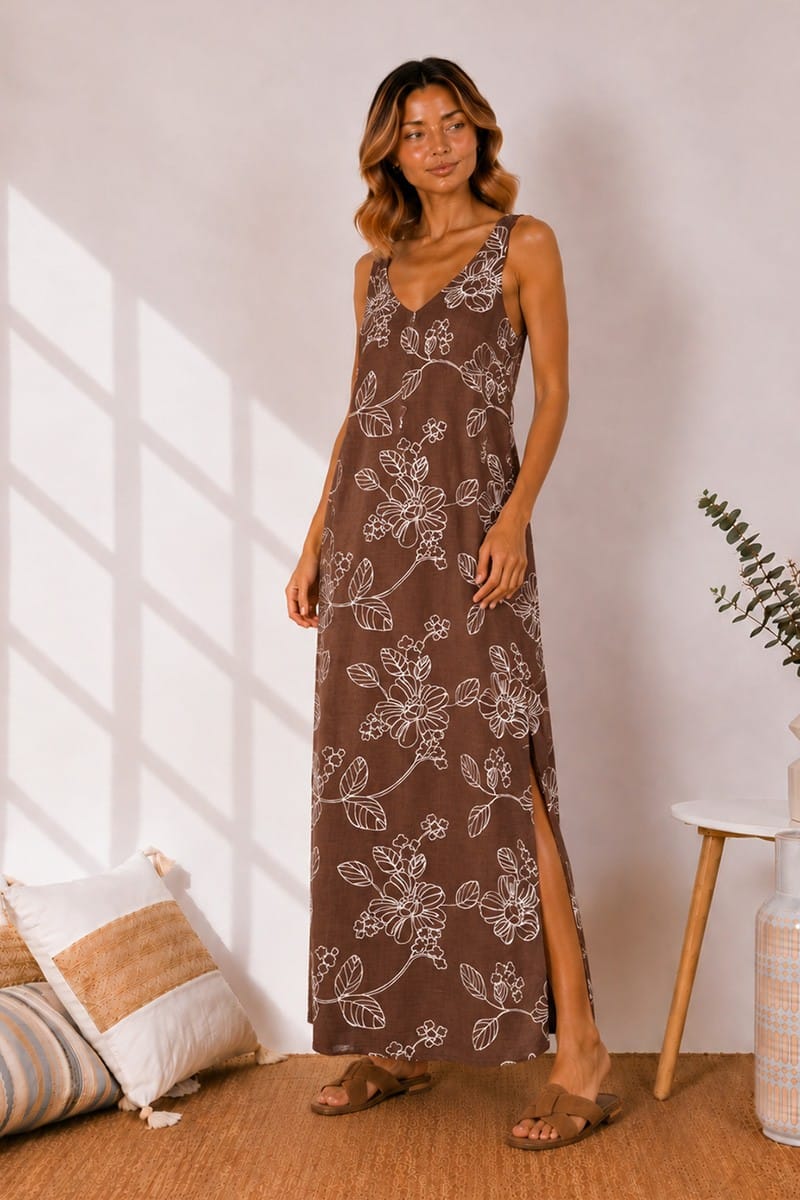 Μάξι Φόρεμα Καφέ Floral